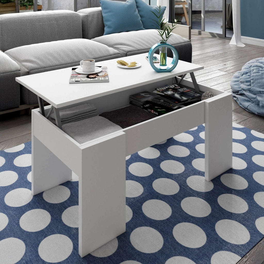 Tavolino da salotto Almas, Tavolino da caffÒ¨ con piano elevabile, Tavolo basso da soggiorno, cm 100x50h45/56, Bianco lucido