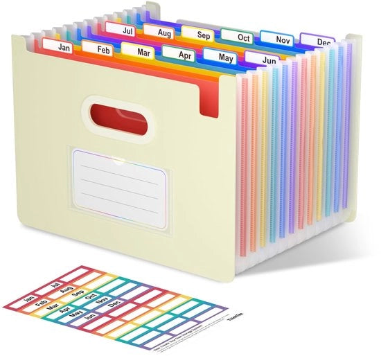 Organizzatore per documenti A4, con 12 compartimenti, in posizione verticale e coperchio apribile, mappe accordio, organizzatore portatile per documenti da ufficio o domestici