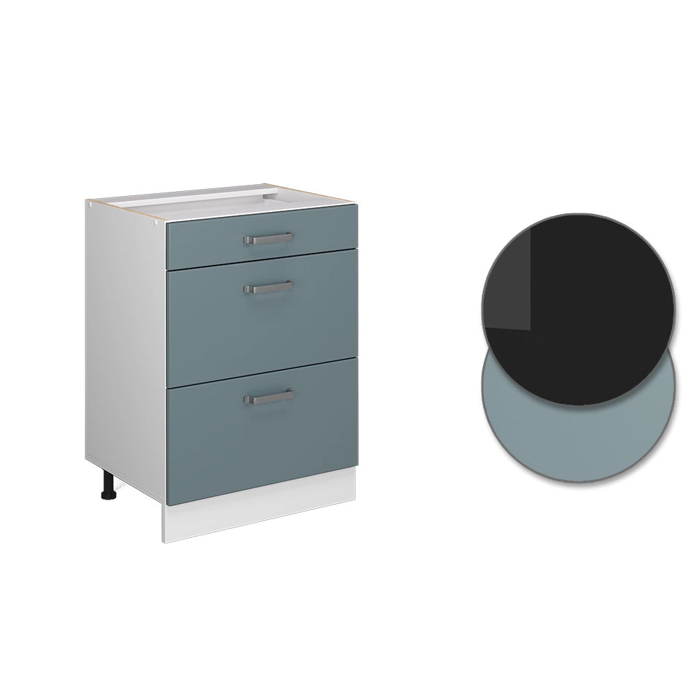 Mobiletto base per cucina R-Line Grigio-blu/Bianco 60 cm con cassetti, senza piano di lavoro Vicco