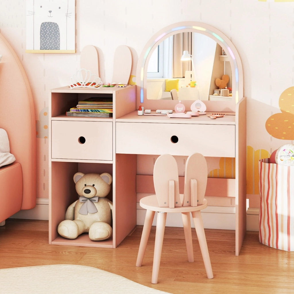Tavolo da trucco principessa con specchio illuminato e cassetti, Scrivania con specchio e luci per bambini Rosa