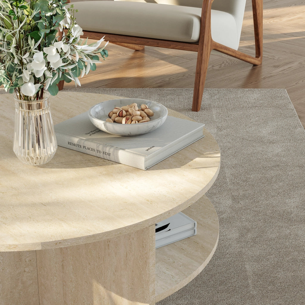 Tavolino Rotondo Reykhon Ø80 x 41 cm Color Avorio Travertin [en.casa]