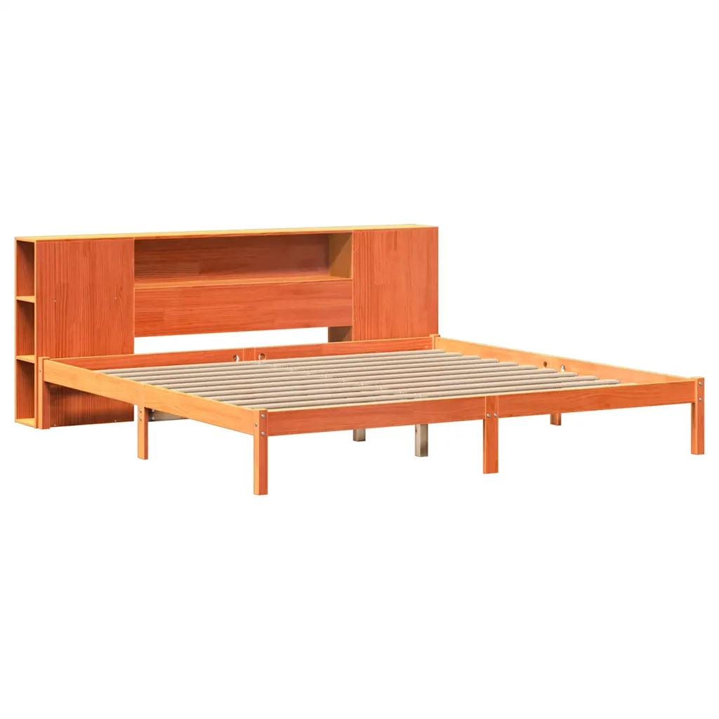 Letto Libreria senza Materasso-Struttura Letto con contenitore Marrone Cera 200x200 cm in Pino 909891