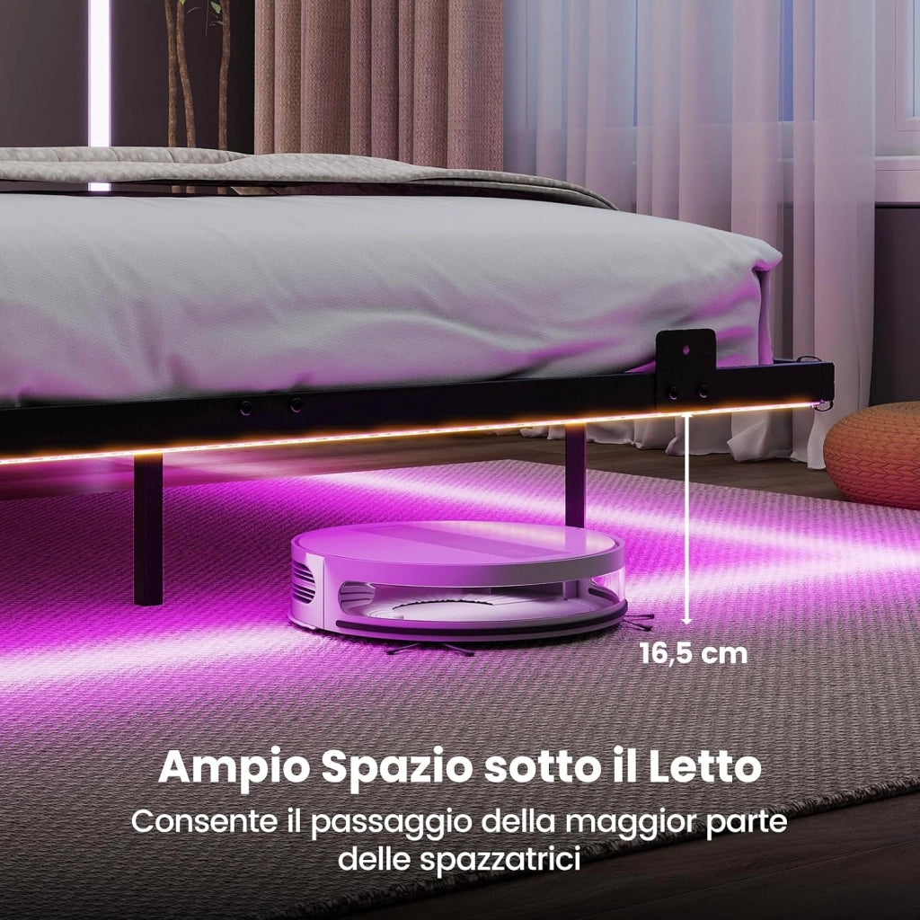 Telaio Letto Galleggiante, Letto Matrimoniale 140 x 200 cm in Metallo con Luci LED Fissaggio per Materasso, Doghe Resistenti a Carico Pesante, Carico 400 kg