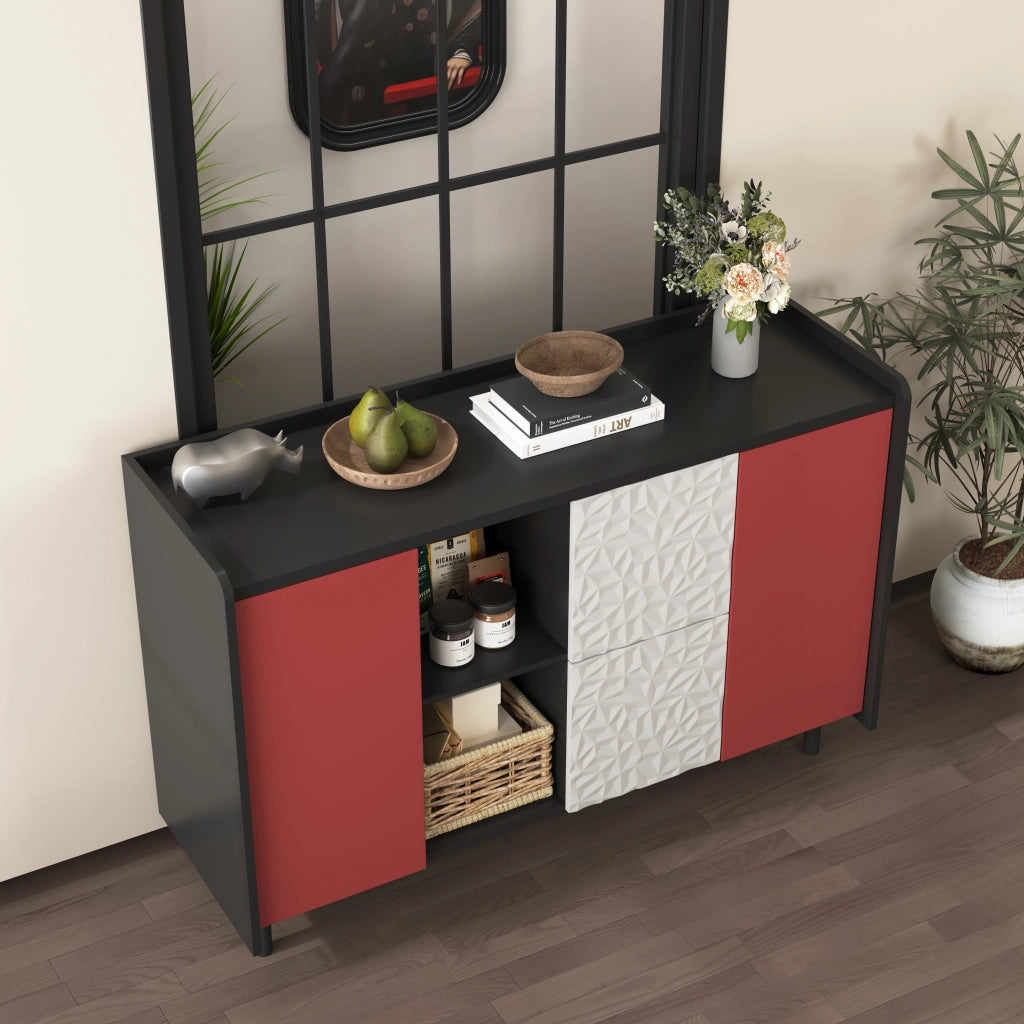 Credenza con 2 Cassetti e 2 Vani Aperti; Ante Rosse; Stile Moderno; in MDF; 120??40??80 cm; Nero
