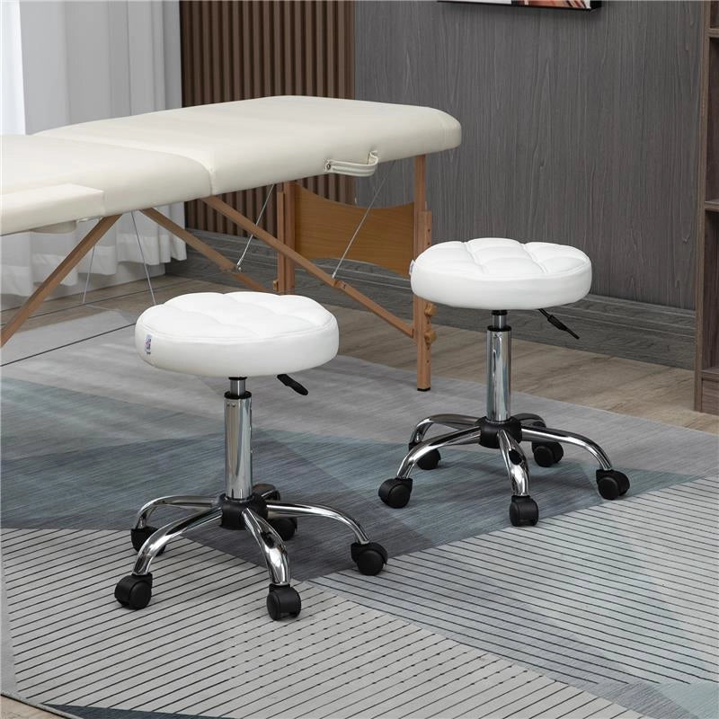 SGABELLO GIREVOLE ROTONDO CON RUOTE, ALTEZZA REGOLABILE E RIVESTIMENTO IN FINTA PELLE, BIANCO