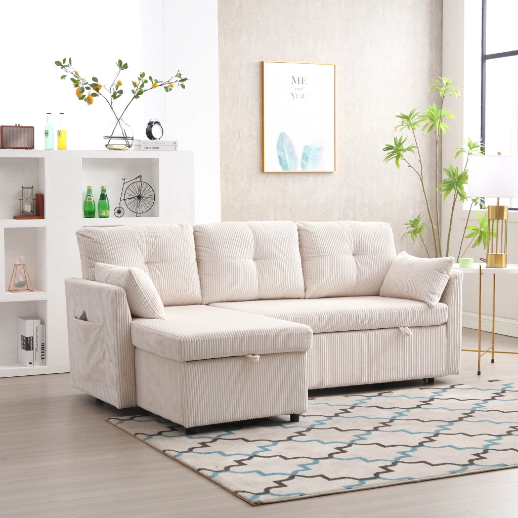 Divano letto modulare in corduroy con contenitore, seduta intercambiabile e cuscini inclusi