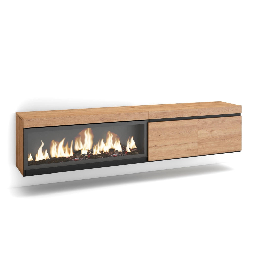 Mobile TV Soggiorno, 208x35x45cm, Per TV fino a 80", Camino elettrico XXL, da appendere, colore Rovere RF3279