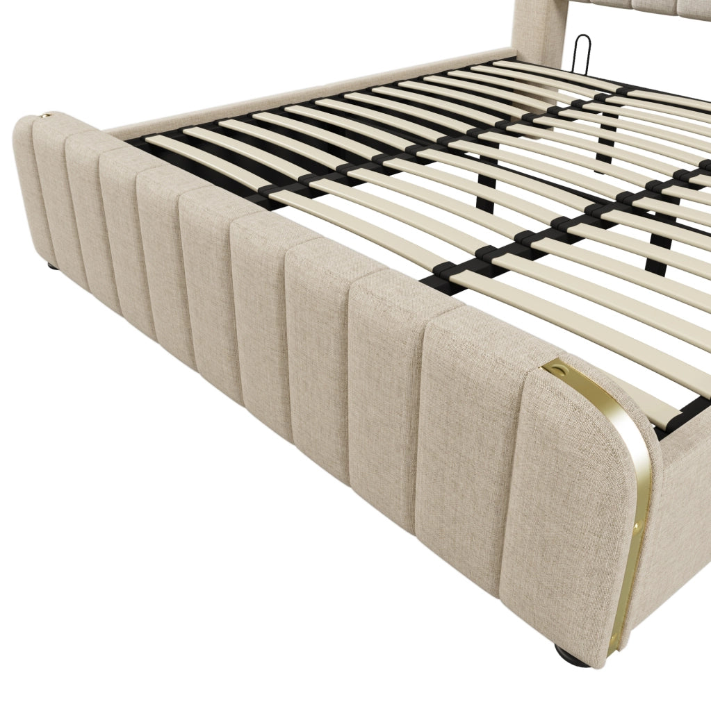 Letto matrimoniale imbottito 180x200 cm in lino beige con contenitore; USB e porta Type-C