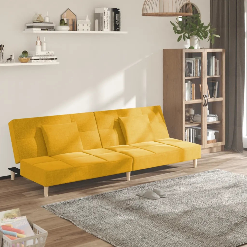 Divano Letto a 2 Posti con 2 Cuscini Giallo in Tessuto 375797
