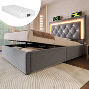 Letto singolo imbottito 90x200 cm in velluto grigio con LED, USB Type-C, contenitore e materasso