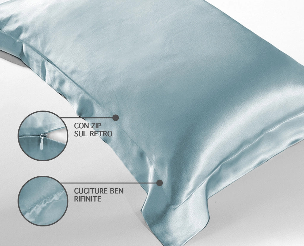 Federa 100% Seta Di Gelso 50x80Cm Certificate OekoTex Chiusura Zip Con Volant da 5 Cm Retro In Tencel Di Eucalipto Anticrespo Anti-Age Rigenerante Cromoterapia  - Azzurro