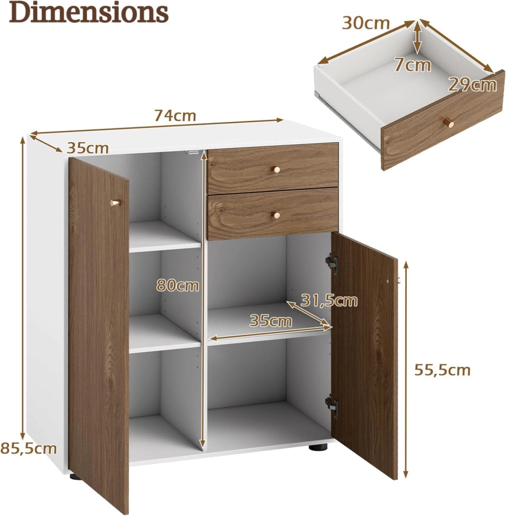 Mobile Dispensa con 2 Cassetti, Credenza da Cucina con 2 Ante, Mobiletto Basso con 3 Ripiani Regolabili, Armadio a Buffet per Sala da Pranzo, Soggiorno, 74x35x85,5 cm(L x P x A) (Naturale)