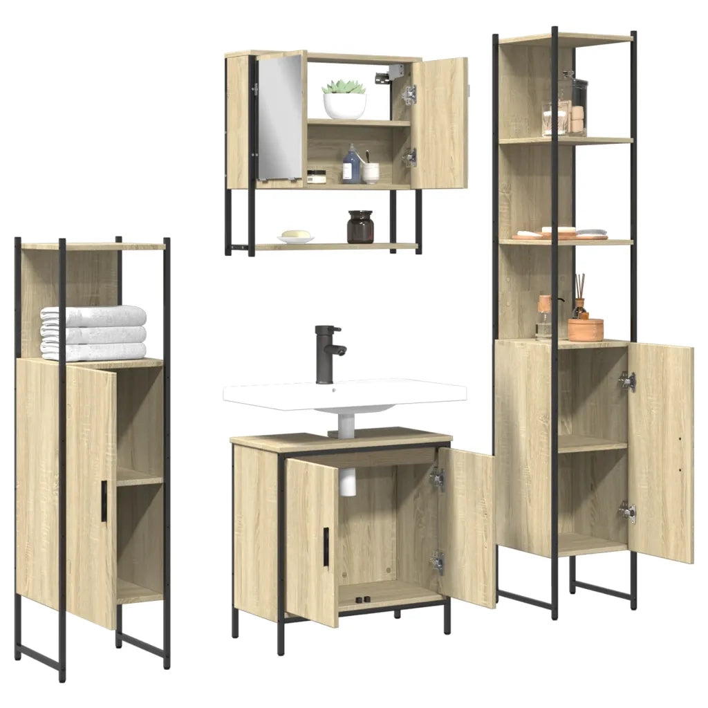 Set Mobili da Bagno | Armadio da bagno 4 pz Rovere Fumo in Legno Multistrato