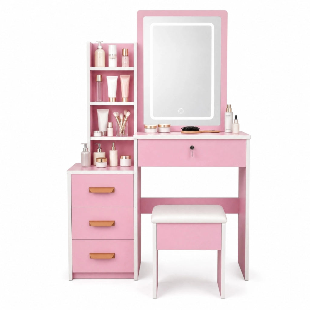 Tocador con specchio LED, 4 cassetti, 3 modalità luce, MDF, rosa