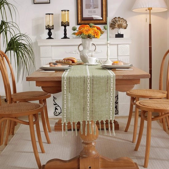 Tavolo da pranzo con stuoia a strisce 33x330cm - Tavolo da pranzo bohemien rurale - Tavolo da pranzo jacquard in rilievo - Tavolo da pranzo manuale con pennelli per festa, Natale, cucina, cena, tavola da compleanno decorativa
