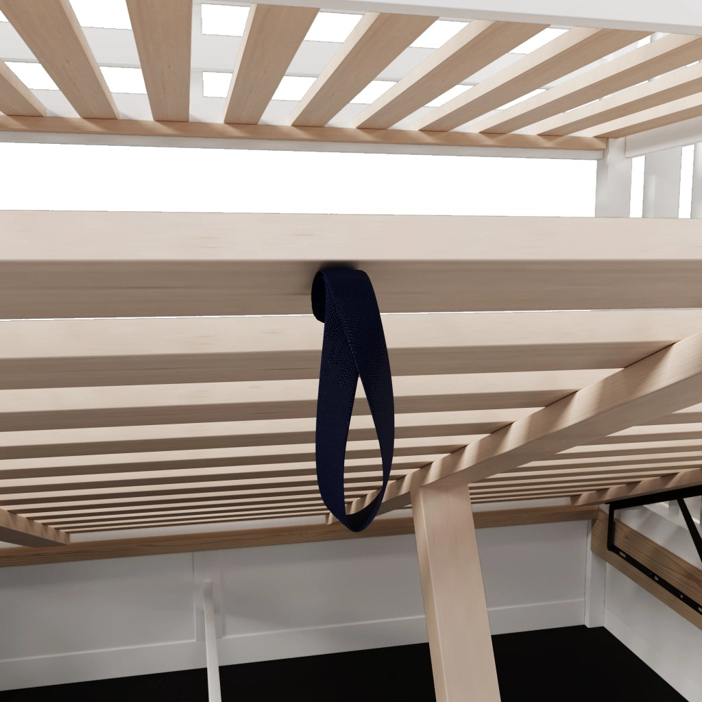LETTO a castello con scala contenitore 90x200+140x200 cm in pino e MDF bianco