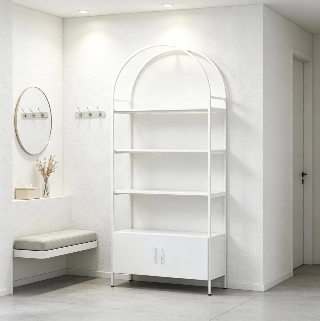 Libreria ad arco 187 cm con 3 ripiani e armadietto a doppia anta, bianca
