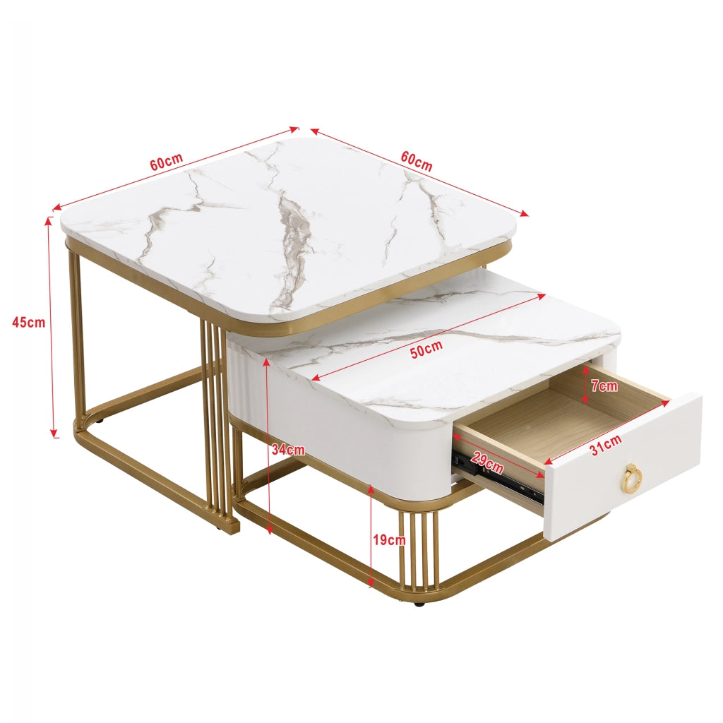 Tavolini da Caffè Nidificabili con 1 Cassetto; Effetto Marmo Lucido; Struttura in Metallo Dorato; Stile Moderno; in MDF; Bianco; 60×60×45+50×50×34 cm