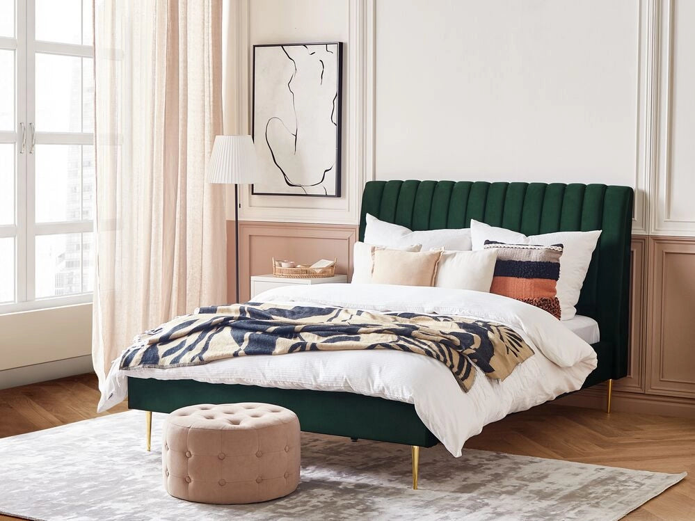 Letto imbottito velluto verde smeraldo e oro rete a doghe testiera alta 140 x 200 cm testata alta design retrò
