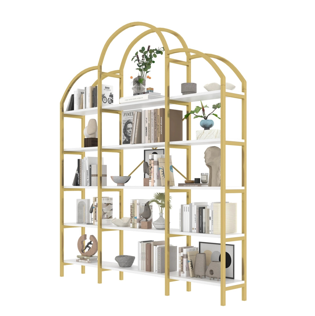 Scaffale 170x26x190 cm in metallo e MDF bianco e oro， 5 ripiani， stile moderno