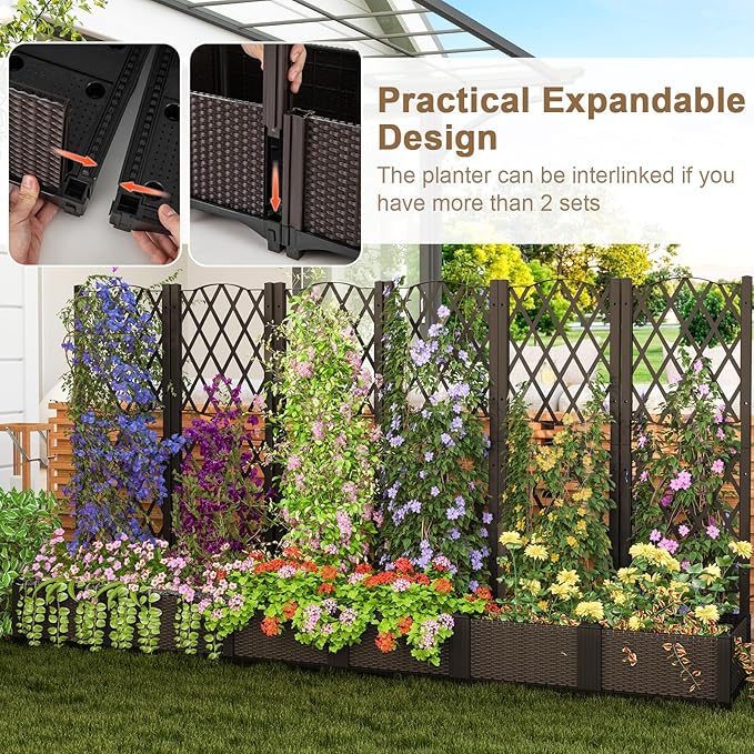 Fioriera con Spalliera da Esterno in PE, Vaso Rettangolare da Giardino con Auto-Irrigante e Fori di Drenaggio, Fioriera con Grigliato per Rampicanti da Balcone (Marrone, 80 x 40 x 122 cm)