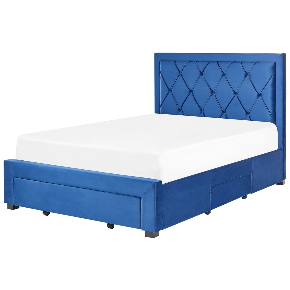 Letto contenitore tappezzeria in velluto blu 140 x 200 cm trapuntato testiera alta cassetti Glam Design
