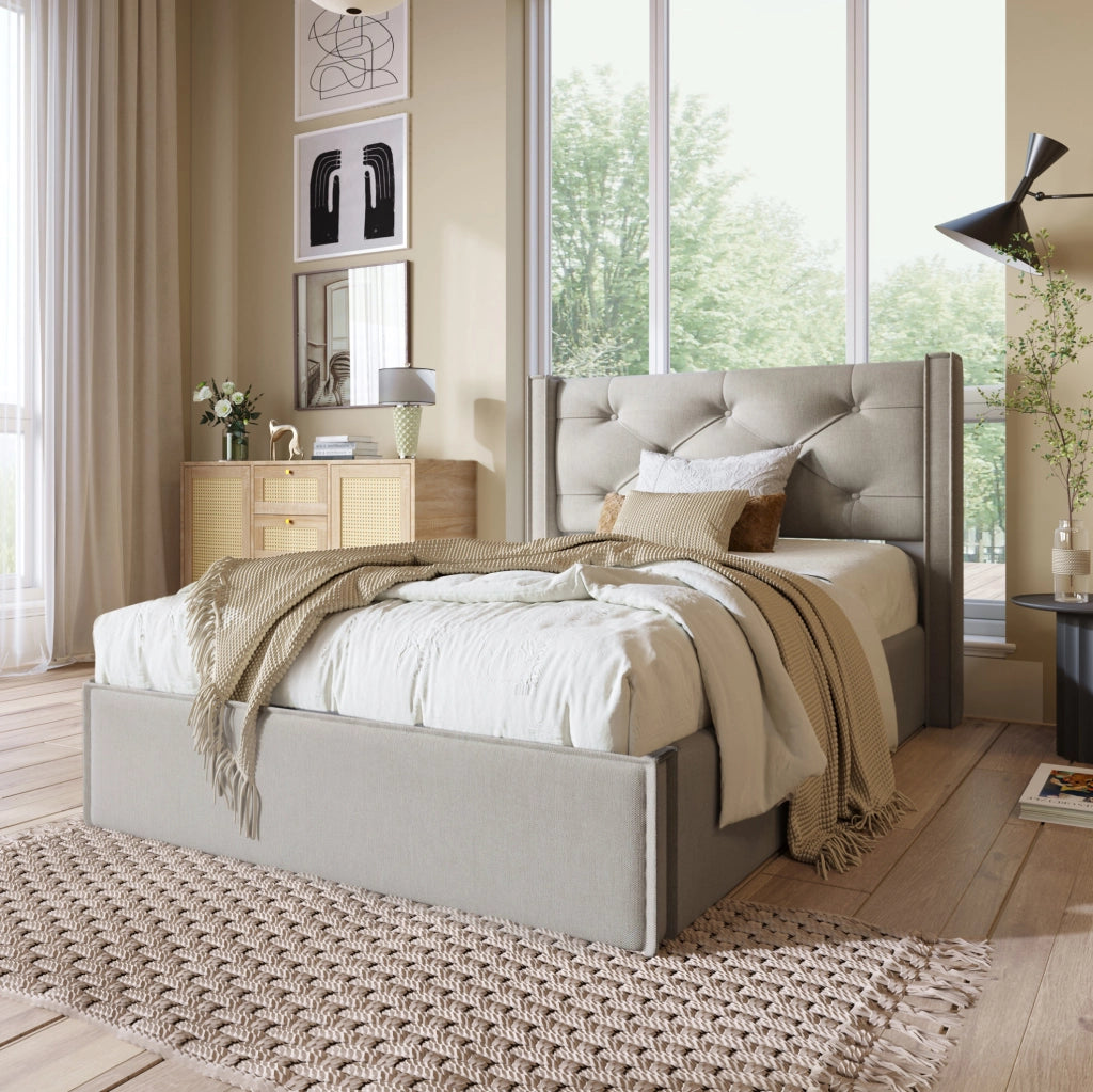 Letto imbottito idraulico 90x200 cm grigio chiaro con materasso H3 e vano contenitore