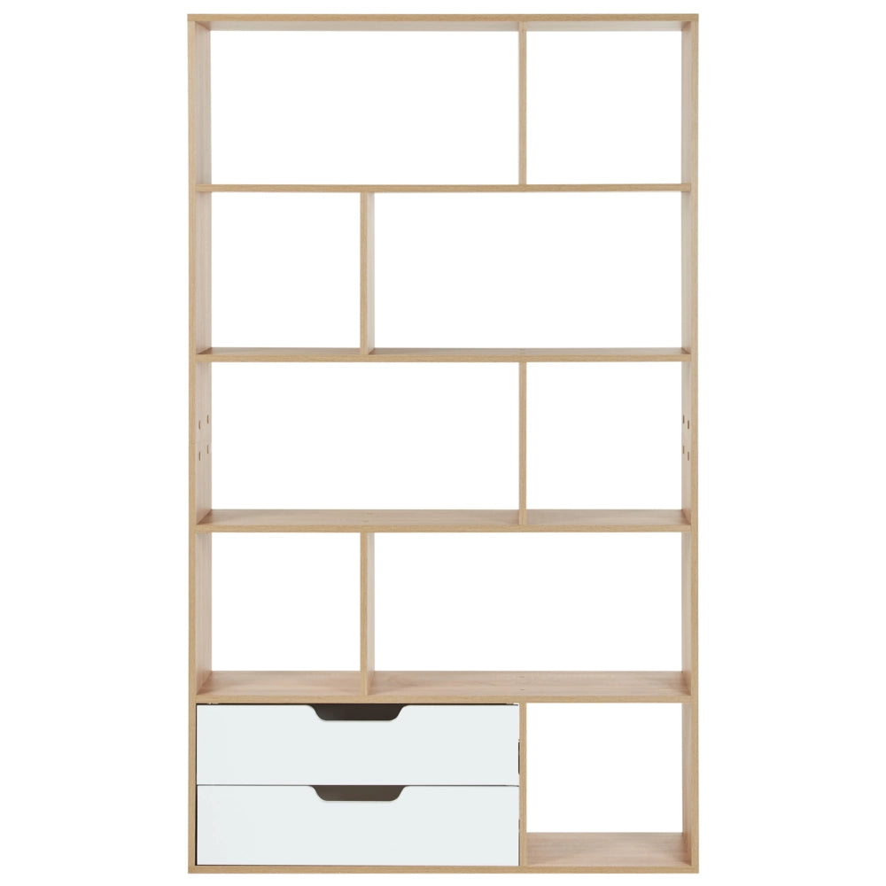 Libreria a 5 ripiani in legno chiaro con 2 cassetti bianco stile moderno
