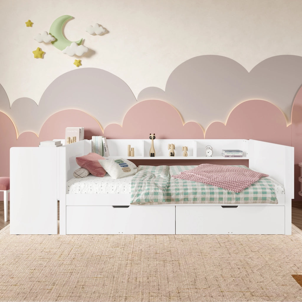 Letto singolo con scrivania, 2 cassetti e mensole, 90 x 200 cm, bianco