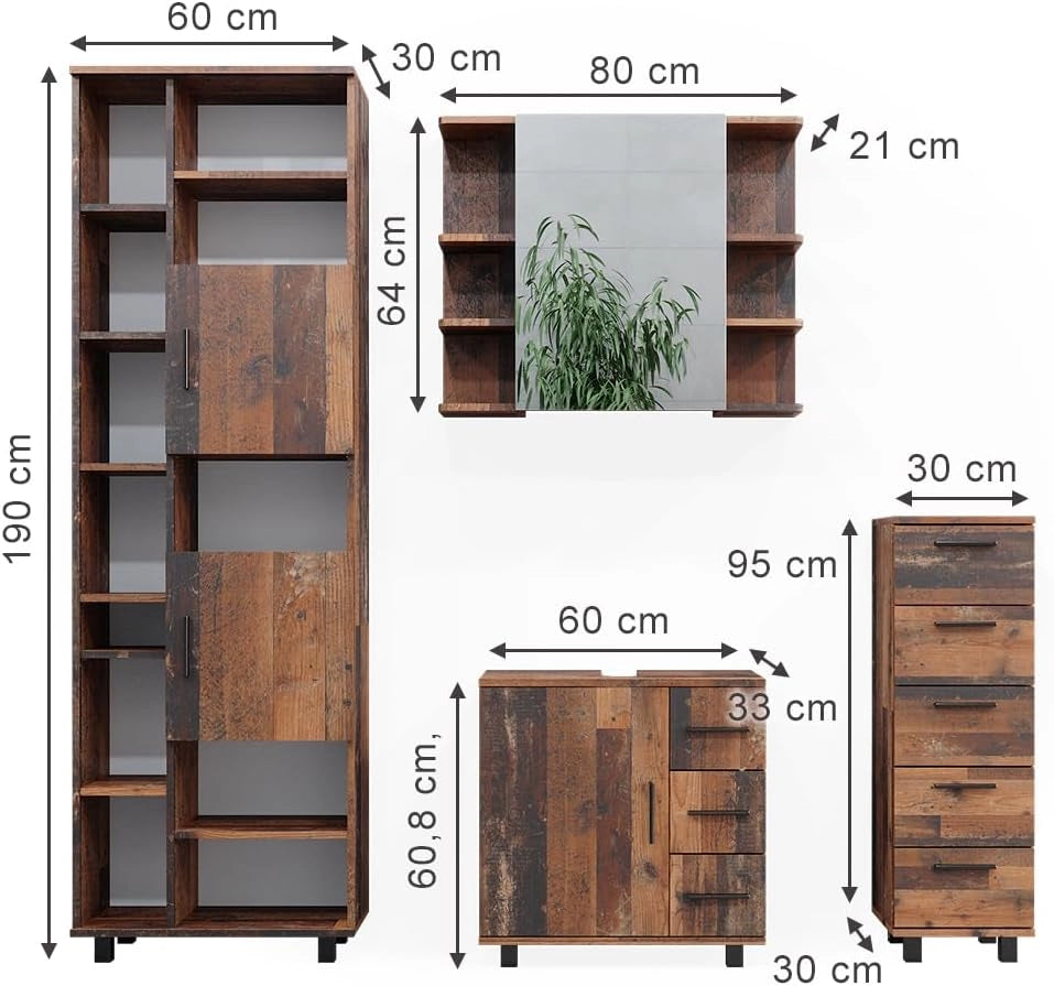 Set di mobili da bagno Ilias, Rovere rustico, 60 cm, composto da mobile lavabo, pensile a specchio, colonna e base media