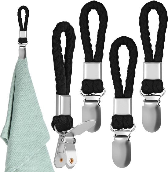 Set di 4 clip per asciugamani per appendere, asciugamani appesi, asciugamani senza punteruoli per asciugamani, clip per asciugamani con anelli, asciugamani per cucina, bagno, balcone (nero)