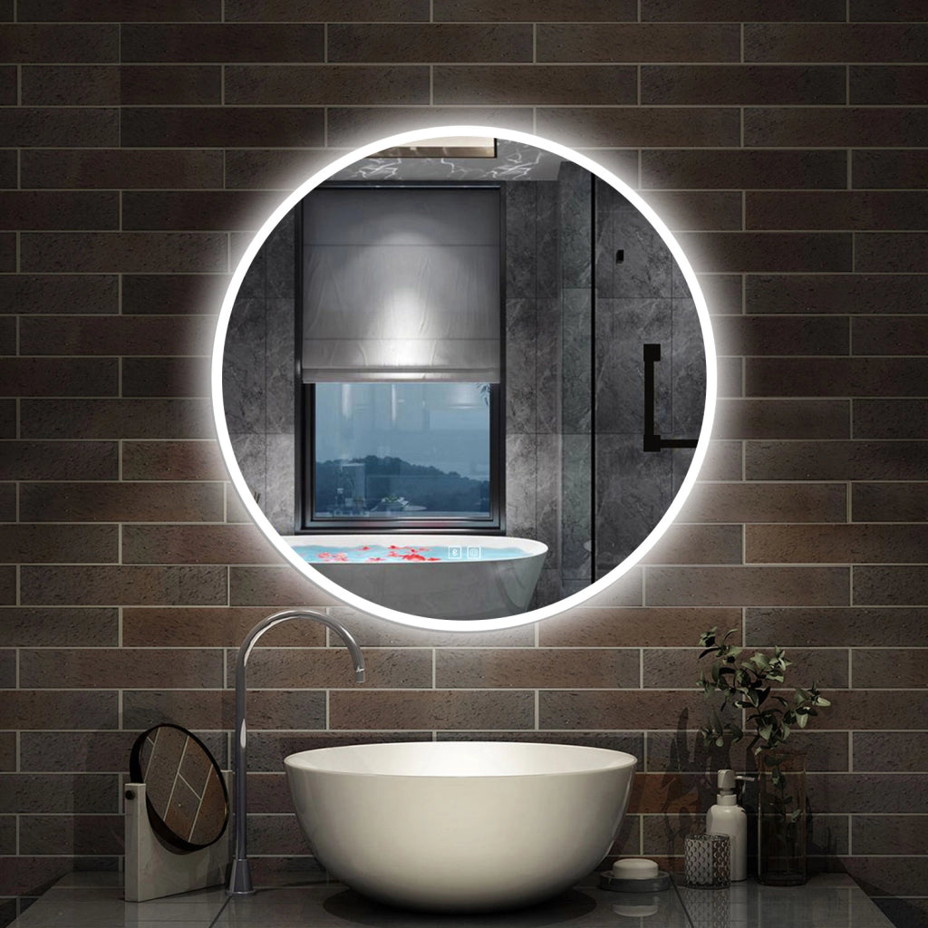 specchio rotondo 80 cm retroilluminato con antiappannamento, funzione dimmerabile e morbido bagliore esterno, bluetooth