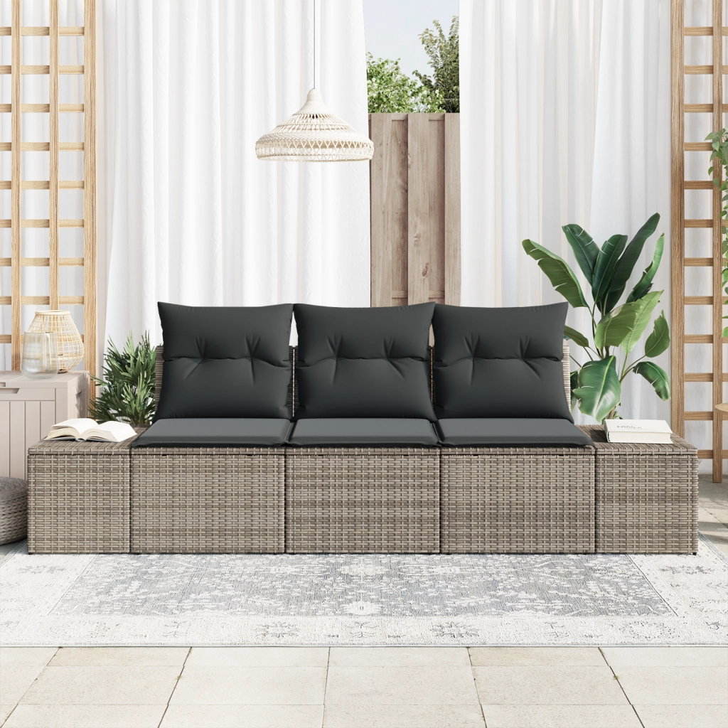 Set divano da giardino 3 pezzi con cuscini grigio polyrattan