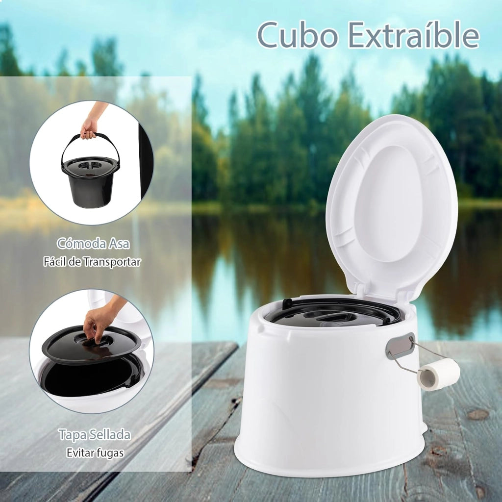 WC Portatile 5L, 49 X 41 X 34 CM, Toilette con Coperchio Anti-Odore, Secchio Interno Rimovibile, Portarotolo per Carta Igienica, Carico 200 kg, per Campeggio, Viaggi, Escursioni
