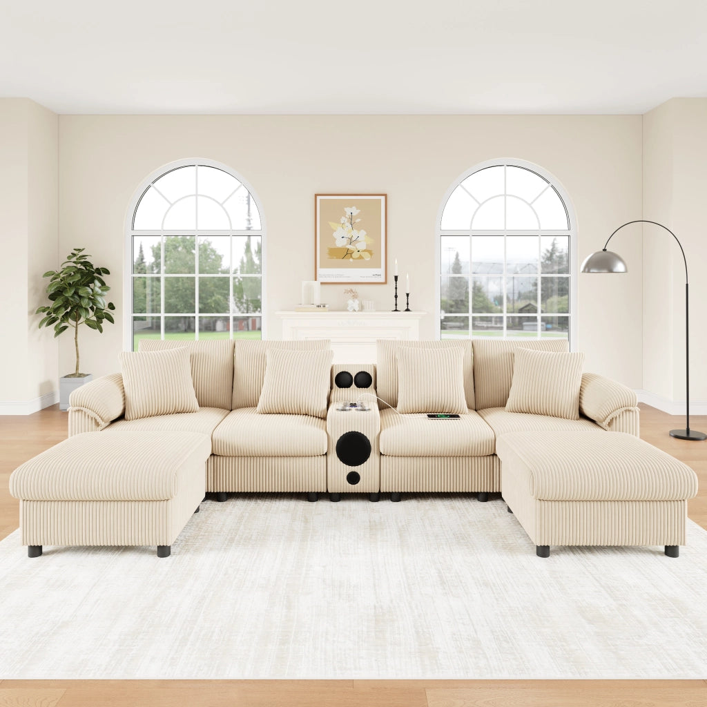 Divano modulare a U in velluto a coste con Bluetooth; console; spazio contenitivo; USB e C; beige 315;5 Ã— 144 Ã— 84;5 cm