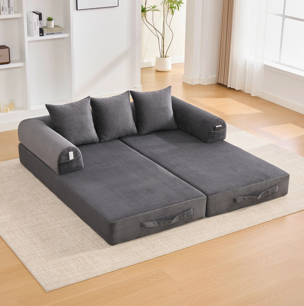 Divano modulare 200x94x67 cm in velluto a coste grigio scuro con 3 cuscini