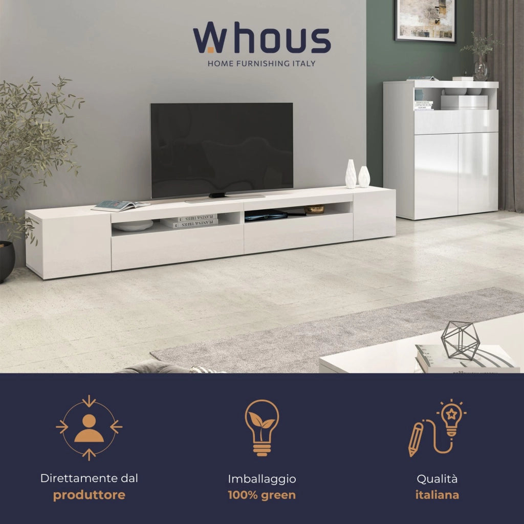 WHOUS Mobile porta tv Potenza con 4 ante e 2 vani aperti bianco lucido 260x40x36 cm