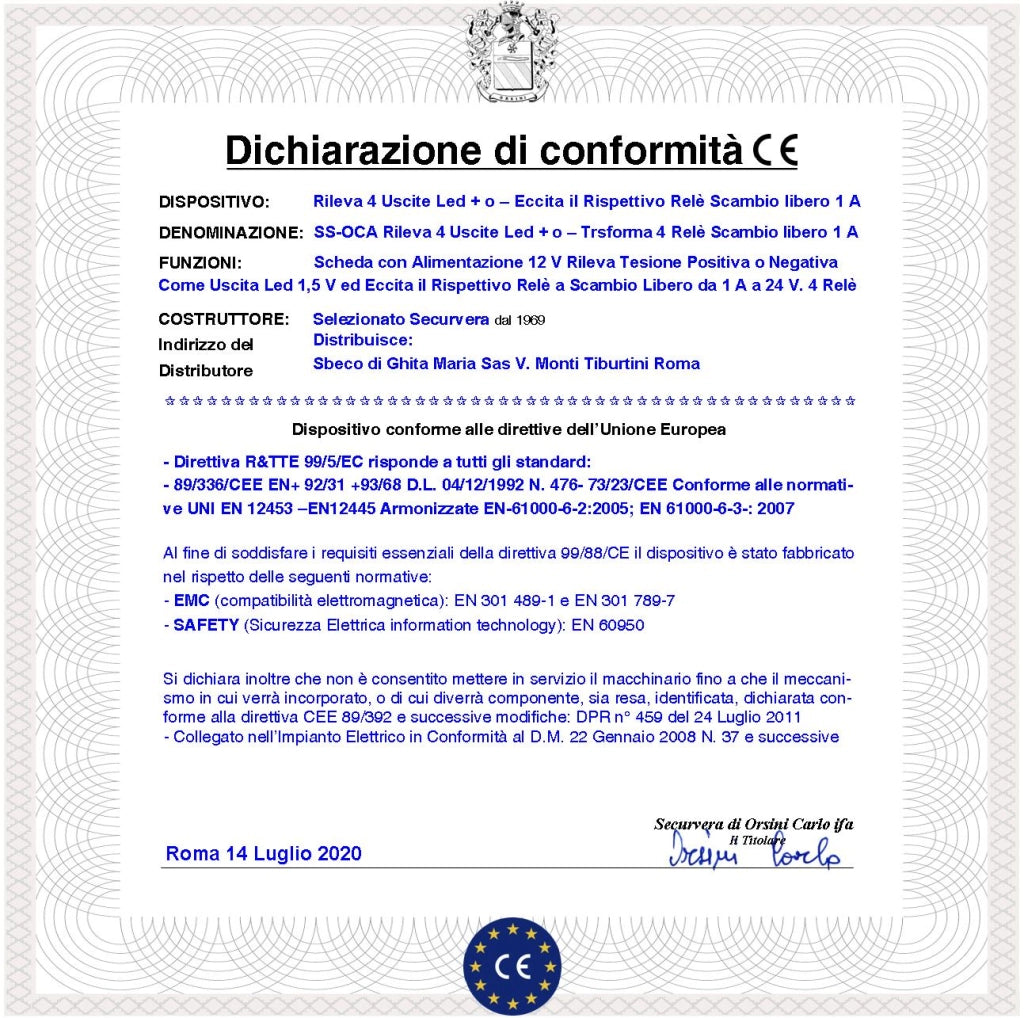 Circuito Trasforma 4 Uscite Led a 4 Uscite Relè Scambio Libero 1 A x 24 V Rileva Tensione Positiva o Negativa da 1,5 a 100 V della Stessa Alimentazione di 12 Vcc ed Eccita il Rispettivo Relè di Uscita