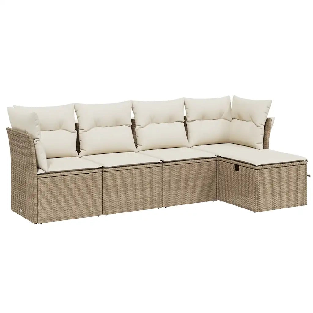 Set Divano da Giardino 5 pz con Cuscini Beige in Polyrattan