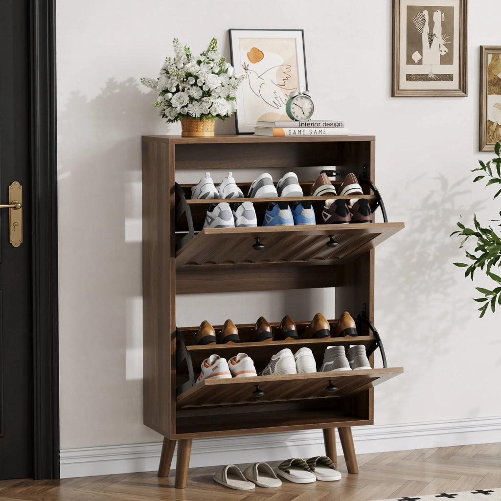 Scarpiera con 2 ante a ribalta ripiani regolabili e vano aperto in MDF e truciolare per ingresso noce 60 × 24 × 95 cm