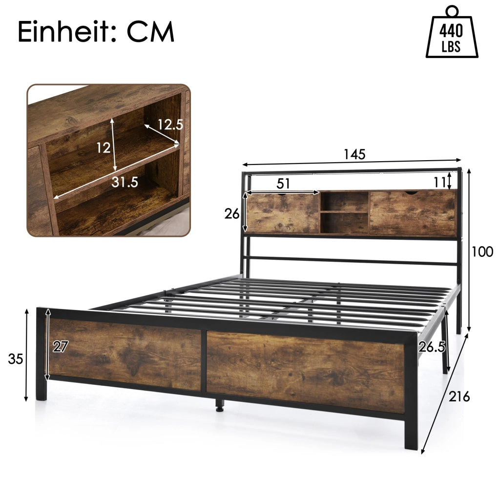Letto matrimoniale 140x200 cm; testiera contenitore; metallo e MDF; colore naturale (Senza materasso)