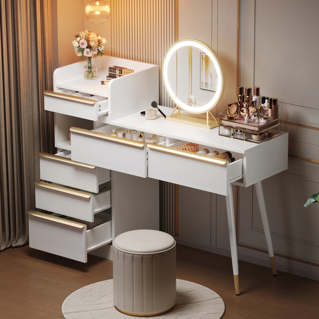 Toeletta con piano estraibile, 6 cassetti, specchio LED dimmerabile e finitura bianca