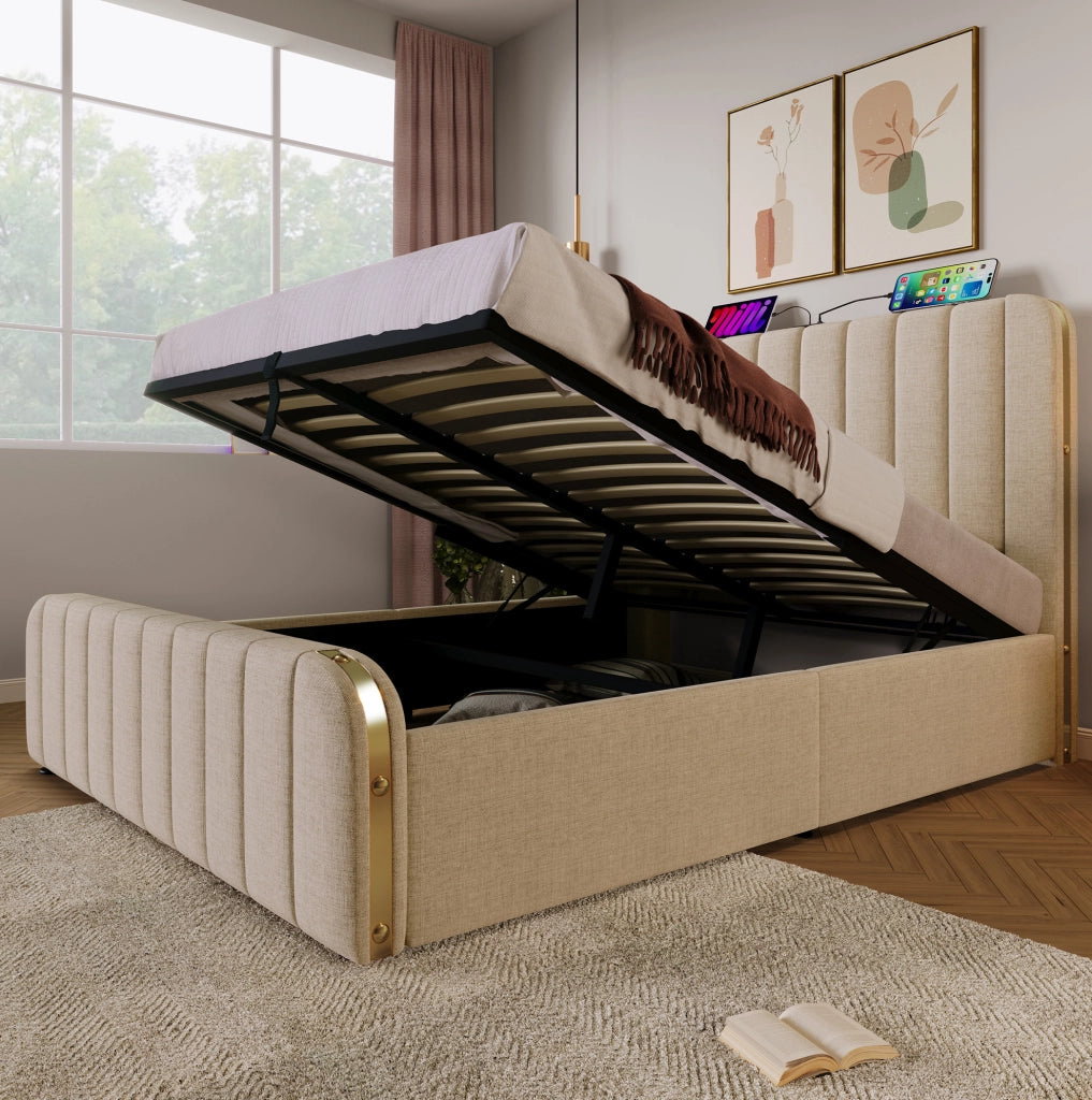 Bettgestell 140x200 cm con contenitore idraulico; USB e Type-C; lino beige