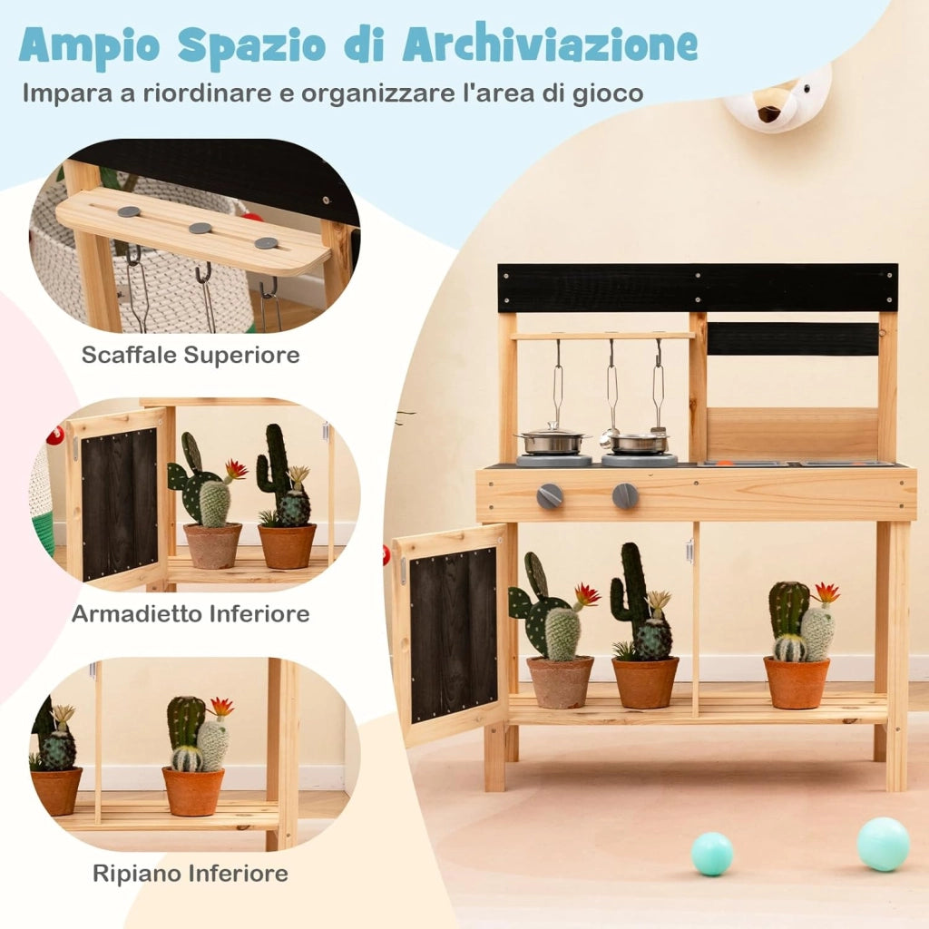 Cucina Giocattolo Bambini, Cucina da Esterno in Legno con 2 Lavandini Removibili, Piano Cottura e Utensili e Spazio di Archiviazione, 67 x 30 x 82 cm