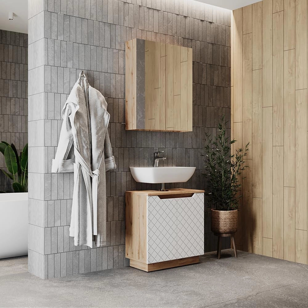 Set di mobili da bagno Lotta, Bianco, 59.8 cm, composto da specchio da bagno e mobile sottolavabo
