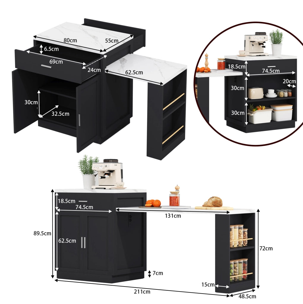 Isola cucina 211x55x89.5 cm con tavolo allungabile per 2-6 persone; MDF; nero