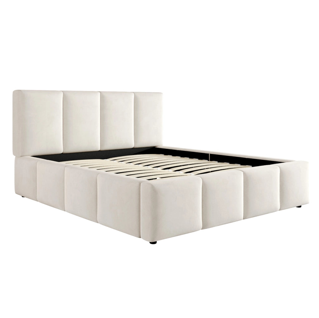 Letto matrimoniale imbottito 180x200 cm in chenille beige con testiera e rete a doghe