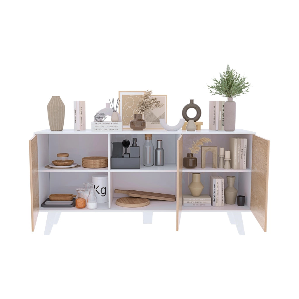 Credenza Mobile Mobiletto Soggiorno Salotto Ingresso Sala da Pranzo 3 Ante 154 x 41 x 75 cm Colore Bianco Lucido Rovere Chiaro