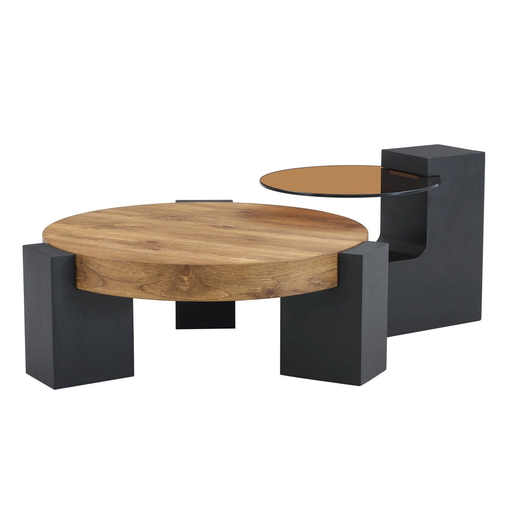 TAVOLINO DA SALOTTO Rotondo 2 piani 61 cm Vetro/MDF Nero-Legno Set 2 pezzi