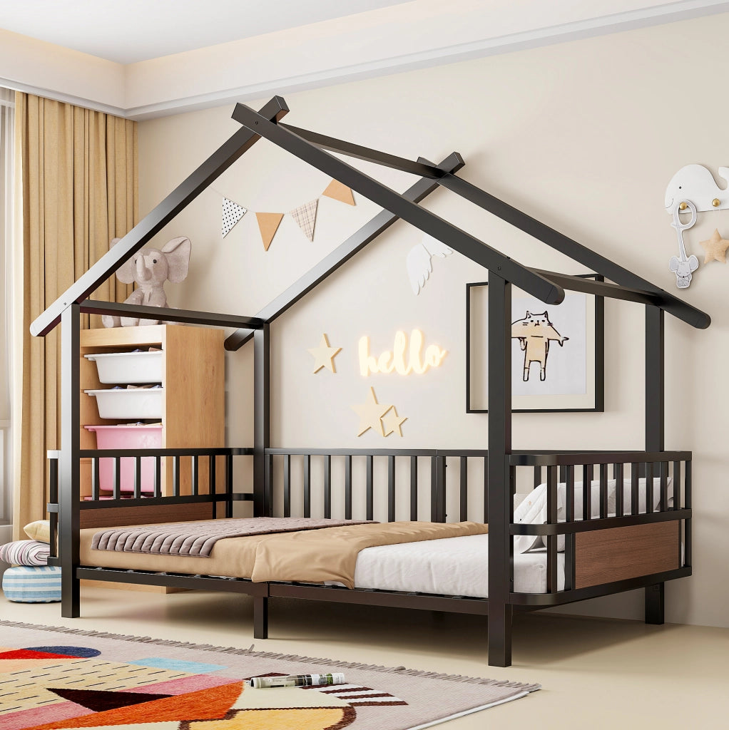 Letto per bambini a casetta 90x200 cm in metallo nero; con sponde di sicurezza e tetto decorativo